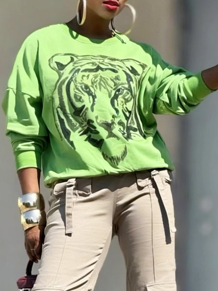 

Casual Tiger Printing Crew Neck Raglan Sleeves Sweatshirt, Green, Hoodies and Sweatshirts