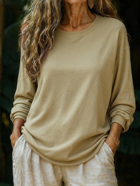 

Women Plain Crew Neck Casual Long Sleeve T-shirt, Khaki, Long Sleeves