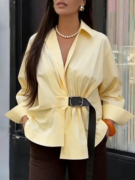 

Cotton Urban Plain Metal Buckle Shirt Collar Shirt, Yellow, Blouses and Shirts