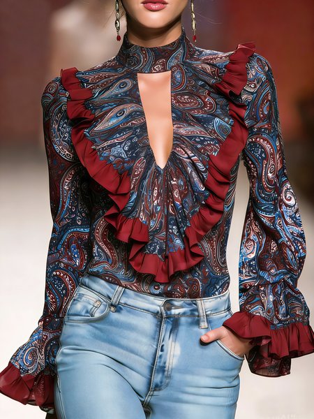 

Urban Paisley Split Joint Notched Blouse, As picture, Blouses and Shirts