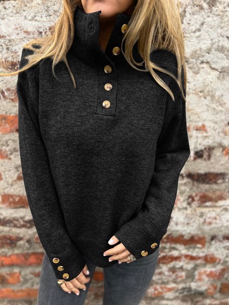

Women Plain Split Joint Winter Street Long Sleeve Stand Collar Cotton Sweater, Black, Sweaters