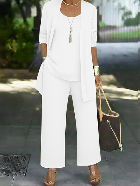 

Women Plain Two-Piece Set Daily Long Sleeve Casual Spring/Fall Multi-Piece Set Matching Set, White, Sets