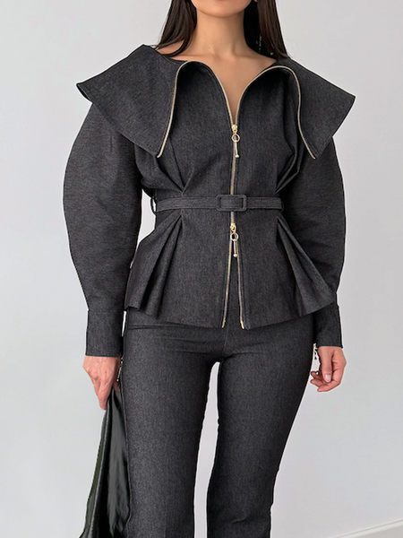 Urban Plain Shawl Collar Denim Jacket With Belt