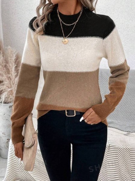 

Women Striped Split Joint Winter Street Long Sleeve Crew Neck Sweater, White, Sweaters