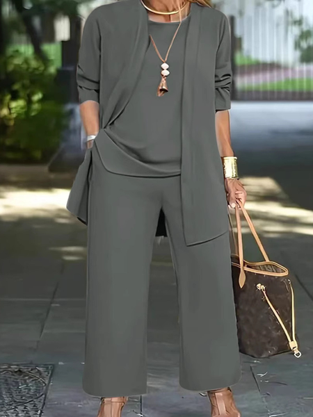 

Women Plain Split Joint Matching Outfit Commuting Long Sleeve Casual Spring/Fall Multi-Piece Set Matching Set, Gray, Suit Set