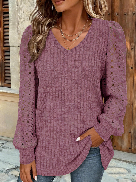 Elegant Lace V Neck Long Sleeve T-shirt