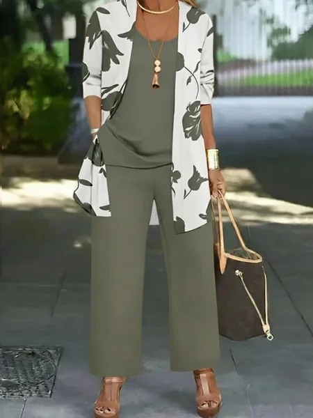 

Women Floral Two-Piece Set Daily Long Sleeve Casual Spring/Fall Multi-Piece Set Matching Set, Green, Suit Set