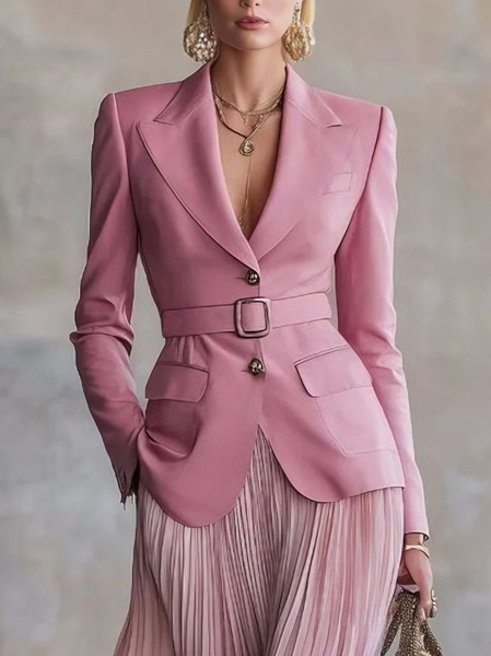 Urban Buttoned Plain Lapel Collar Blazer With Belt