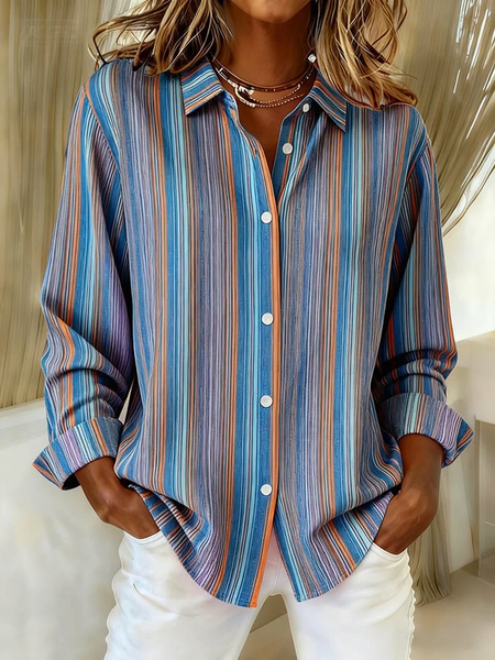 

Shirt Collar Regular Sleeve Long Sleeve Striped Buckle Regular Loose Button Up Shirt Shirt For Women, Blue, Shirts