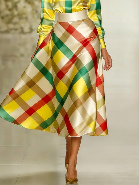 Elegant Printing Plaid Midi Skirt