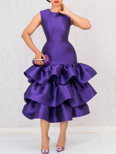 

Elegant Plain Peplum Crew Neck Party Midi Dress, Purple, Cocktail Dresses