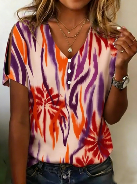 

Casual Abstract V Neck Short Sleeve T-shirt, As picture, T-shirts