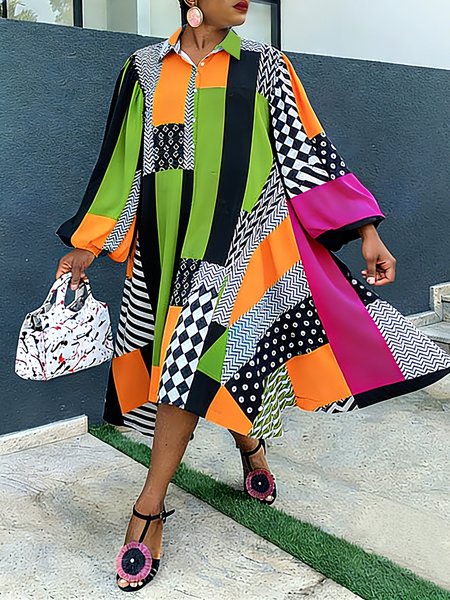 Casual Abstract Graphic Balloon Sleeve Printing Shirt Collar Knee Length Dress