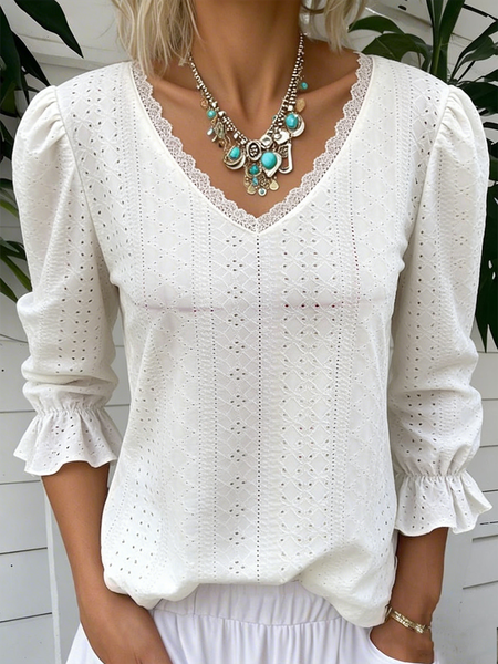 

Elegant Plain V Neck Long Sleeve T-shirt, White, T-shirts