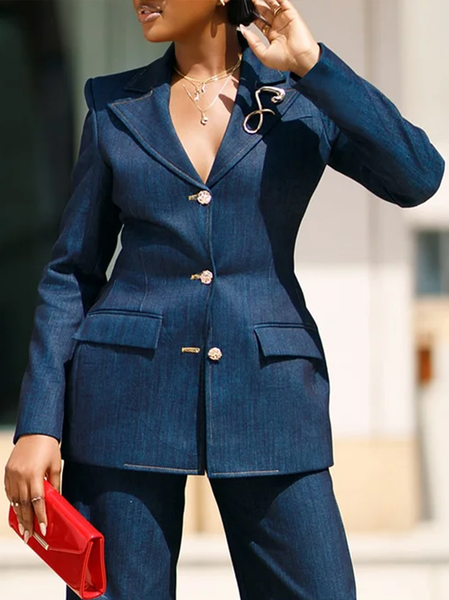 Casual Buttoned Plain Lapel Collar Denim Coat With Brooch