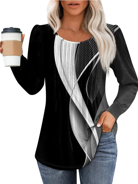 

Casual Striped Crew Neck Long Sleeve T-shirt, As picture, T-shirts