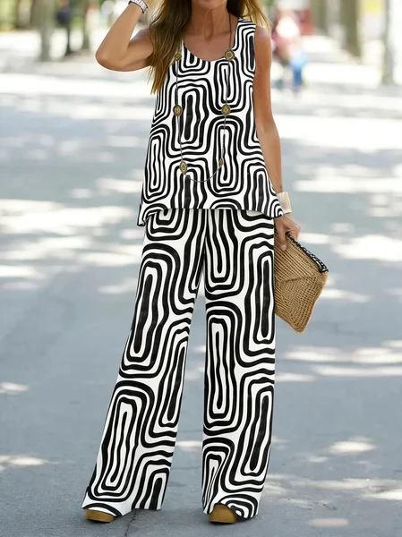 

Women Abstract Stripes Two-Piece Set Daily Sleeveless Casual Summer Top With Pants Matching Set, As picture, Sets