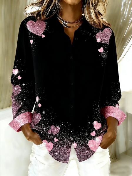 

Shawl Collar Long Sleeve Heart/Cordate Regular Loose Shirt For Women, As picture, Shirts