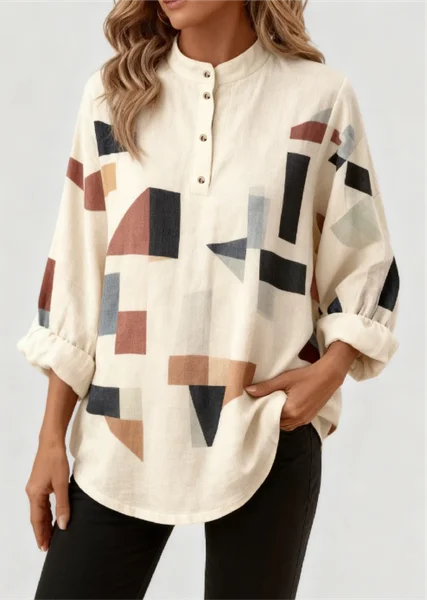 

Stand Collar Long Sleeve Geometric Thicken Loose Blouse For Women, As picture, Shirts