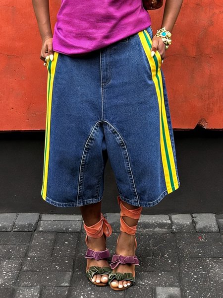 Color Block Loose Casual Denim Shorts, Denim blue, Denim Shorts