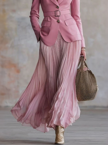 

Elegant Pleated Plain Maxi Skirt, Pink, Skirts