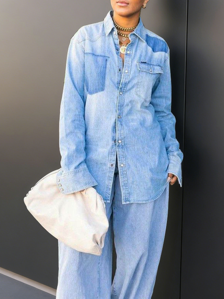 

Casual Plain Shirt Collar Denim Shirt, Denim blue, Blouses and Shirts