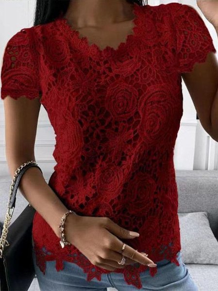 

Elegant Lace Crew Neck Short Sleeve T-shirt, Wine red, T-shirts