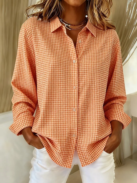 

Shirt Collar Regular Sleeve Long Sleeve Plaid Buckle Regular Loose Button Up Shirt Shirt For Women, Orange, Shirts