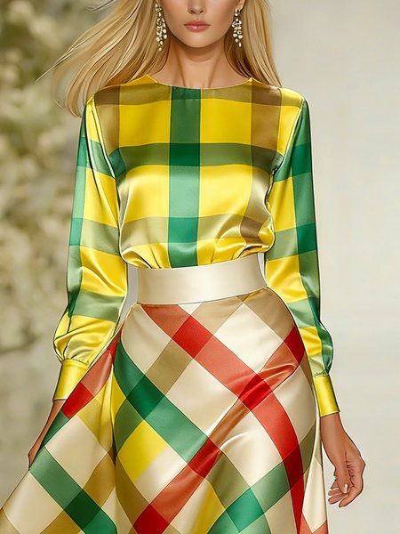 

Satin Elegant Plaid Printing Crew Neck Blouse, As picture, Blouses and Shirts