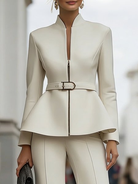 Urban Zipper  Plain Stand Collar Jacket With Belt