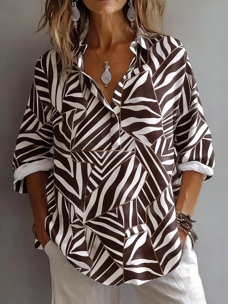 

Shirt Collar Long Sleeve Geometric Regular Micro-Elasticity Regular Fit Shirt For Women, As picture, Shirts