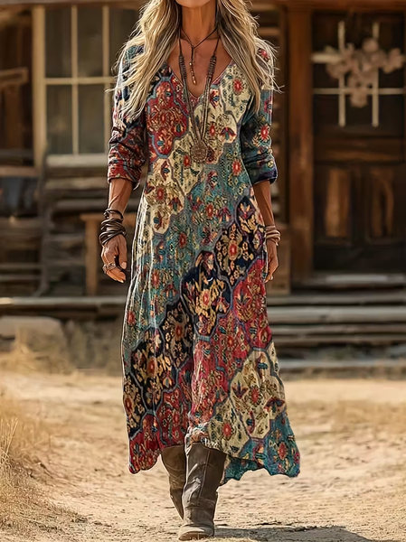 

Women Abstract Spring/Fall Printing Dress V Neck Long Sleeve H-Line Dress, As picture, Dresses