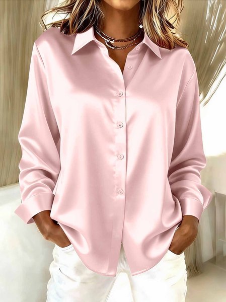 

Shawl Collar Long Sleeve Plain Split Joint Regular Micro-Elasticity Loose Button Up Shirt Shirt For Women, Pink, Shirts