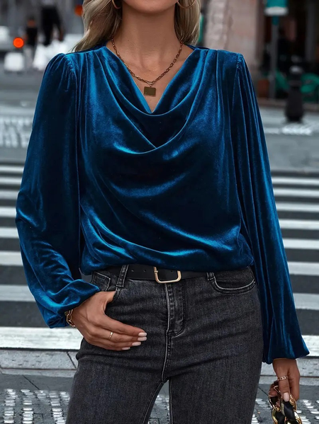 

Cowl Neck Long Sleeve Plain Regular Micro-Elasticity Loose Blouse For Women, Navyblue, Blouses