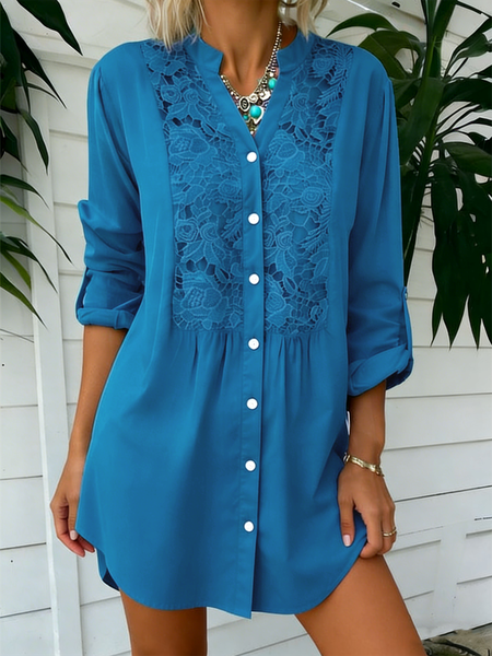 

Long Sleeve Plain Regular Loose Shirt For Women, Blue, Shirts