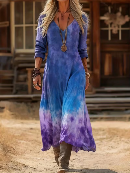 

Women Ombre Spring/Fall Printing Dress V Neck Long Sleeve H-Line Dress, Purple, Dresses