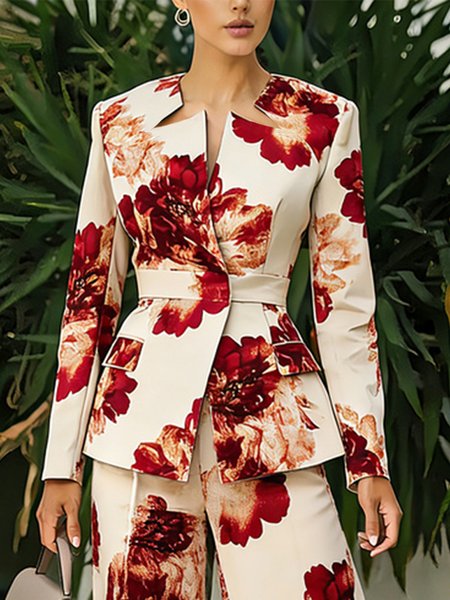 

Elegant Printing Floral Notched Jacket, As picture, Jackets