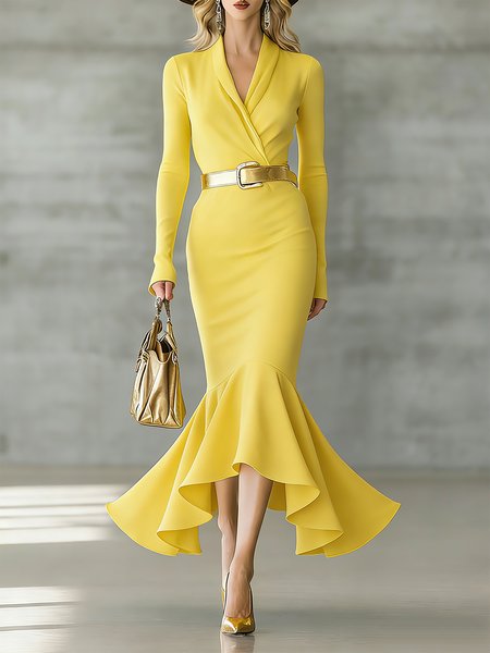 Elegant Plain Cross Neck Midi Dress No Belt