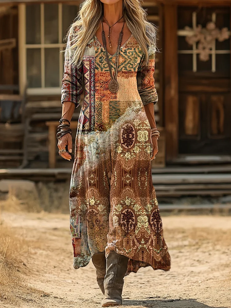 

Women Abstract Long Sleeve Spring/Fall Printing Dress V Neck Daily Vintage Maxi H-Line Dress, As picture, Casual Dresses