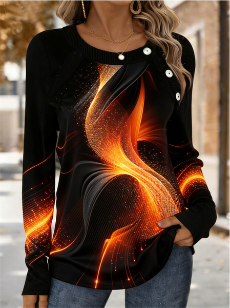 

Casual Abstract Stripes Crew Neck Long Sleeve T-shirt, Orange, T-shirts