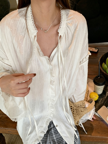 

Crew Neck Long Sleeve Plain Regular Loose Blouse For Women, White, Blouses