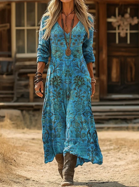 

Women Floral Spring/Fall Printing Dress V Neck Long Sleeve H-Line Dress, Blue, Dresses