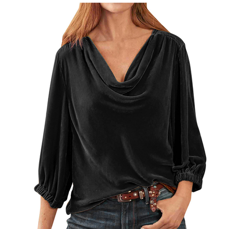 

Cowl Neck Three Quarter Sleeve Plain Regular Loose Blouse For Women, Black, Blouses