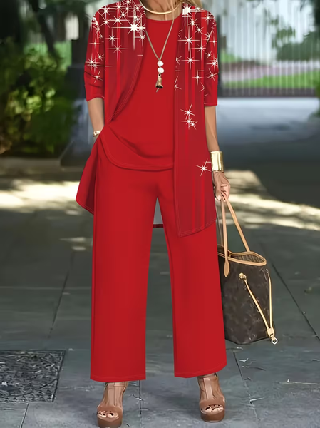 

Women Plain Three-Piece Set Daily Long Sleeve Casual Spring/Fall Multi-Piece Set Matching Set, Red, Suit Set