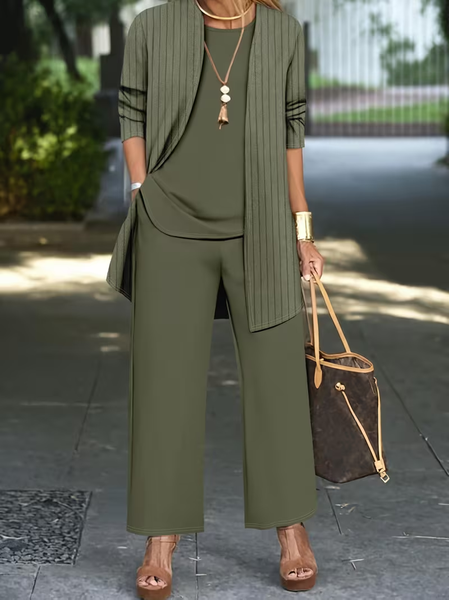 

Women Striped Two-Piece Set Daily Long Sleeve Casual Spring/Fall Multi-Piece Set Matching Set, Green, Suit Set