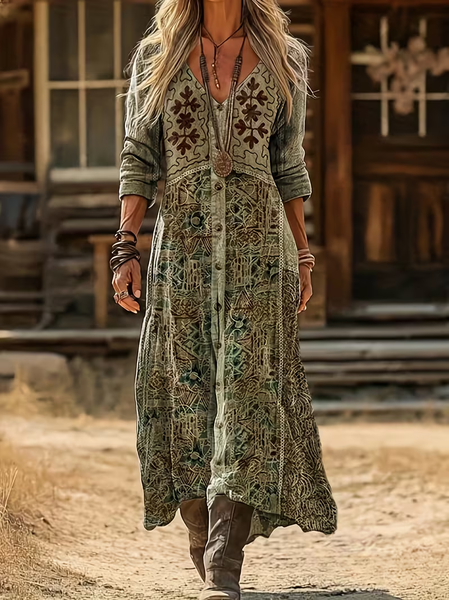 

Women Abstract Long Sleeve Spring/Fall Printing Dress V Neck Daily Vintage Maxi H-Line Dress, As picture, Casual Dresses