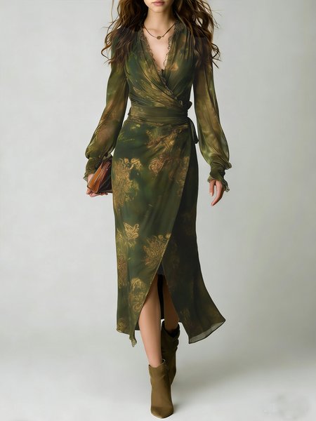 

Vacation Floral Printing V Neck Maxi Dress, Green, Maxi Dresses