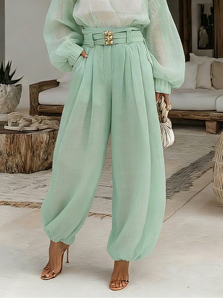 

Cotton And Linen Casual Plain Wide Leg Pants With Belt, Green, Pants