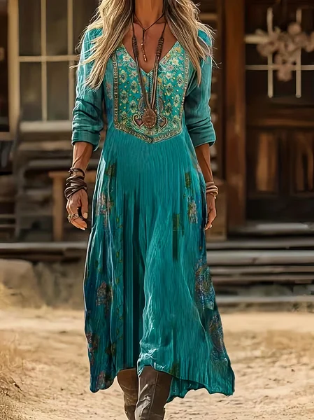 

Women Ethnic Long Sleeve Spring/Fall Printing Dress V Neck Daily Vintage Maxi H-Line Dress, Cyan, Casual Dresses
