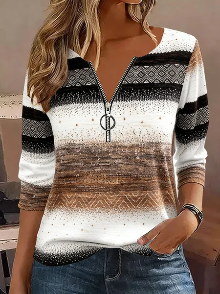 

Vintage Striped V Neck Long Sleeve T-shirt, Brown, T-shirts